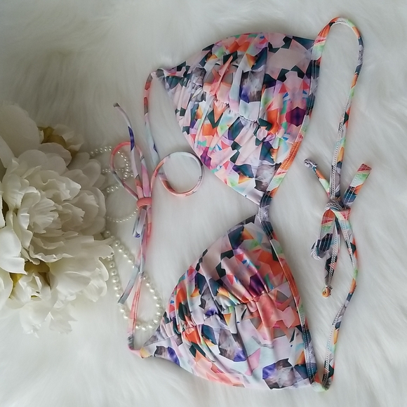 Triangle Push-Up Style String Bikini Top Abstract Print Ruched Detail - Picture 1 of 6